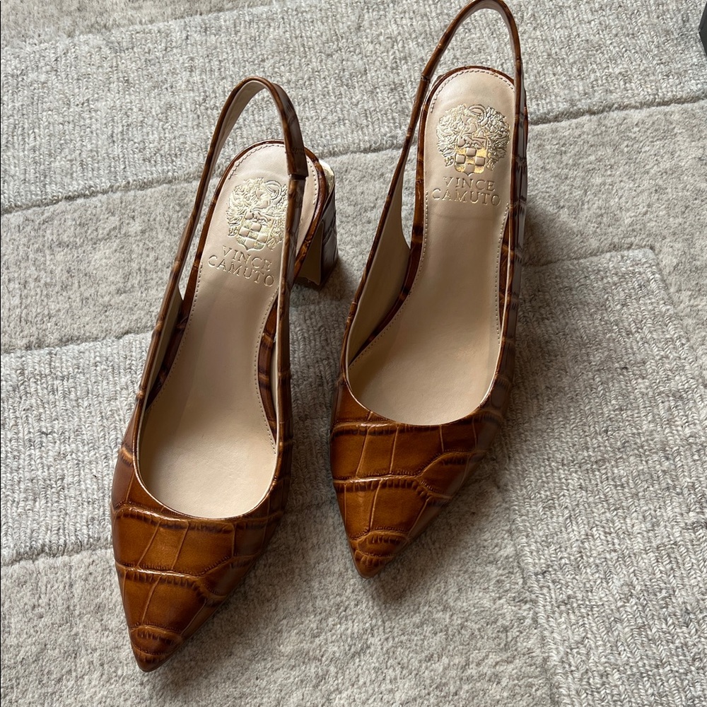 Vince Camuto Tan Croc-Embossed Slingback Heels
